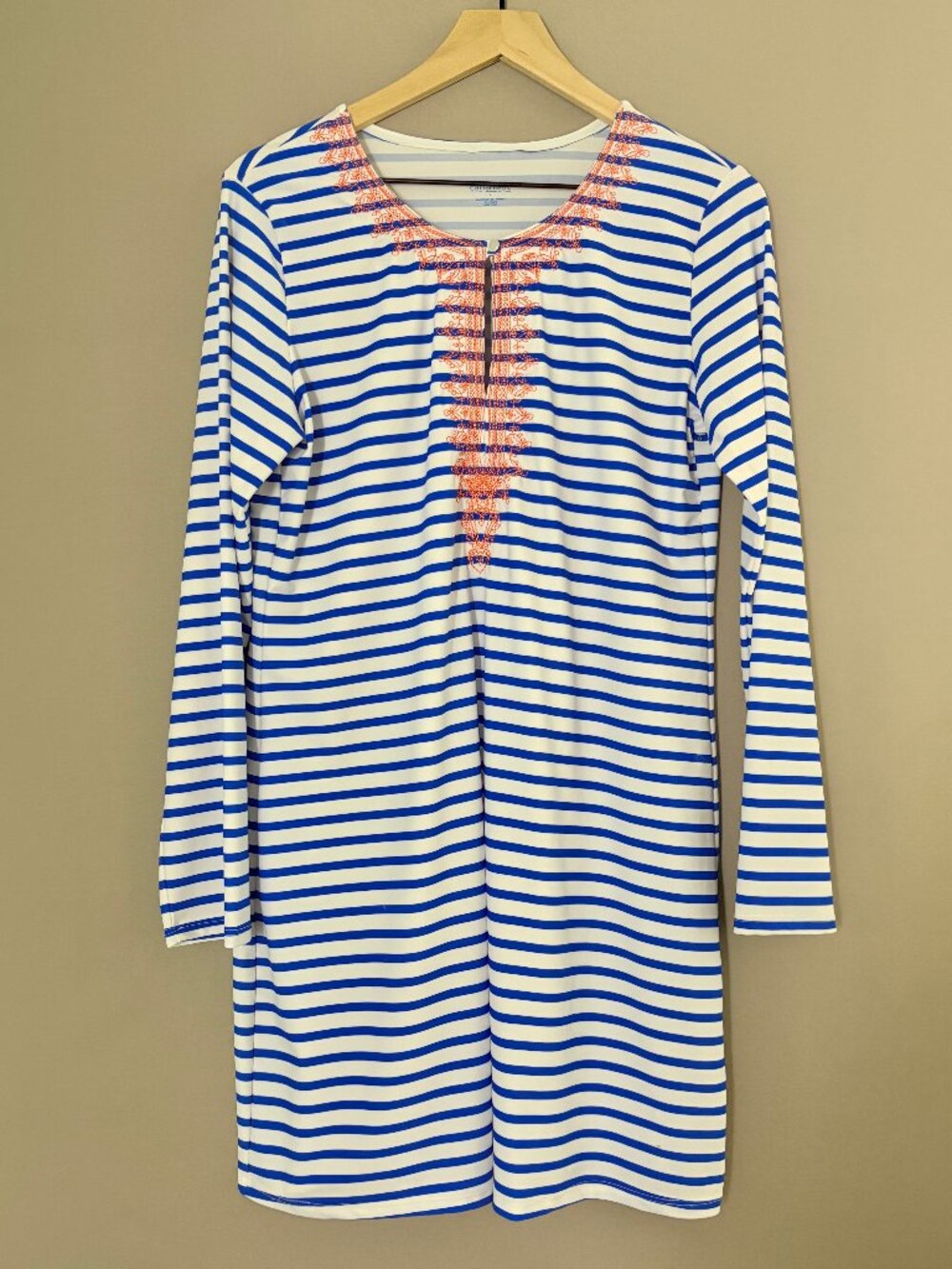 Cabana Life Embroidered Cover Up Coral Emblem Blue White Stripe Swim Dress L